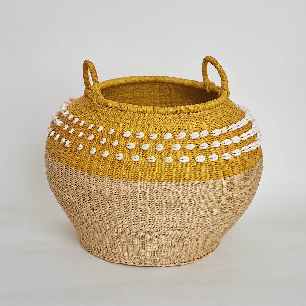 Yellow Bolga Cowrie Pot Basket - Woven Worldwide