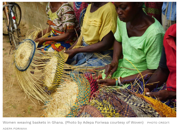 four women weaving colourful baskets in Bolgatanga