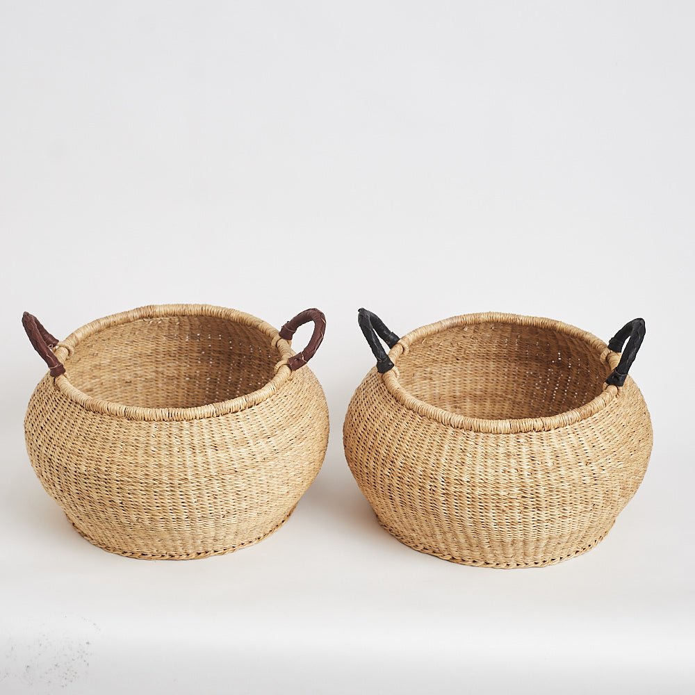 Bolga Pot Basket with leather handles - Woven Worldwide