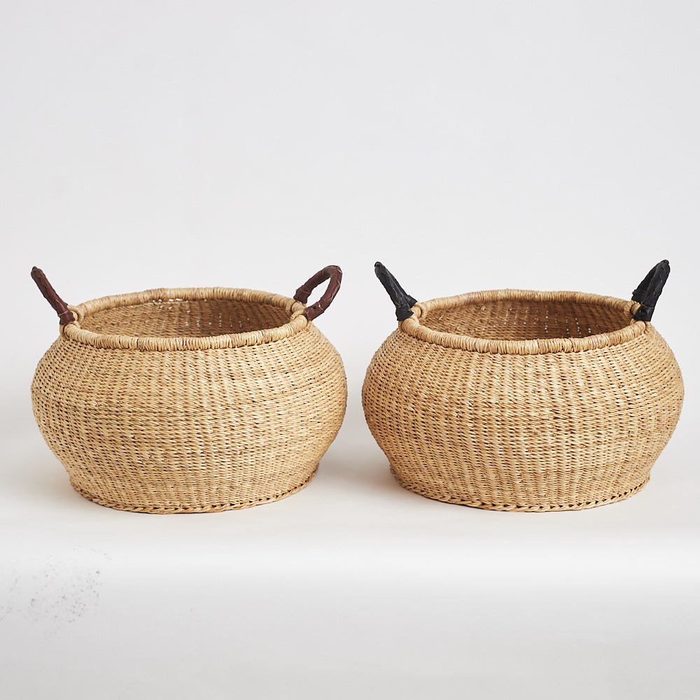 Bolga Pot Basket with leather handles - Woven Worldwide