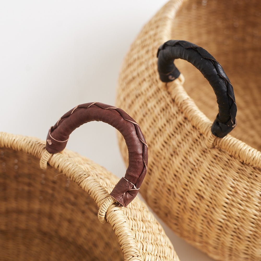 Bolga Pot Basket with leather handles - Woven Worldwide