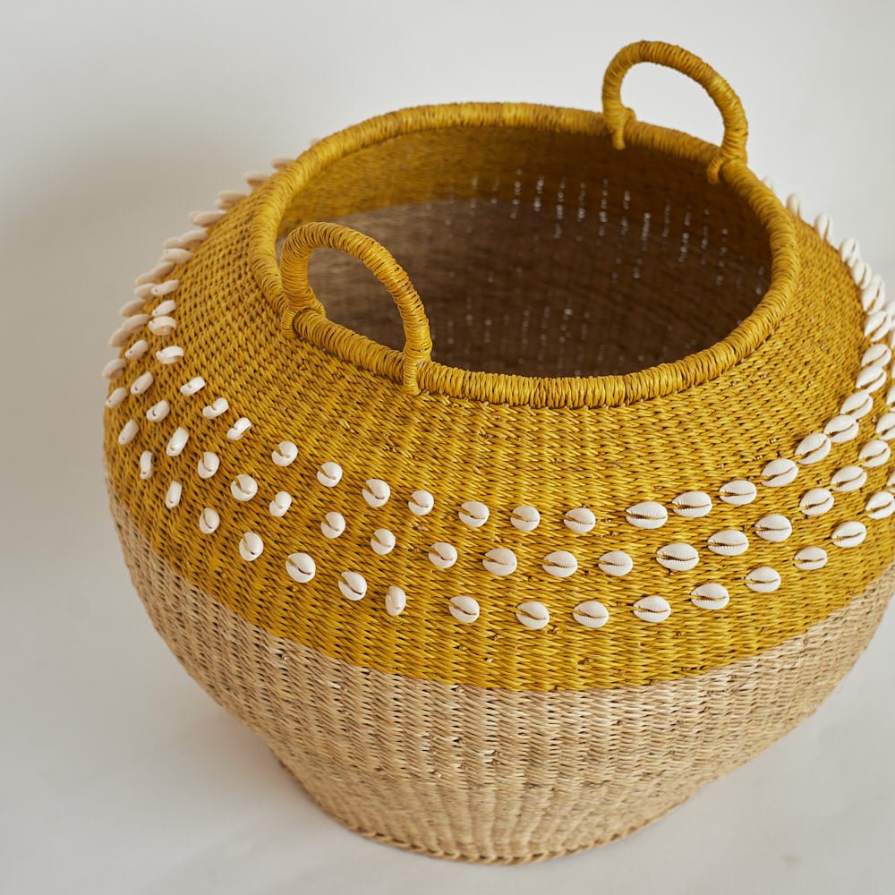 Yellow Bolga Cowrie Pot Basket - Woven Worldwide